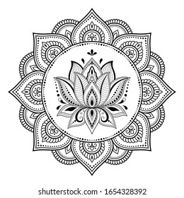 Circular pattern in form of mandala with lotus flower for Henna, Mehndi, tattoo, decoration. Decorative ornament in ethnic oriental style. Outline doodle hand draw vector illustration.