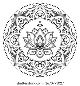 Circular pattern in form of mandala with lotus flower for Henna, Mehndi, tattoo, decoration. Decorative ornament in ethnic oriental style. Outline doodle hand draw vector illustration.