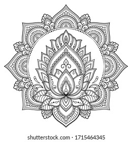 Circular pattern in form of mandala with lotus flower for Henna, Mehndi, tattoo, decoration. Decorative ornament in ethnic oriental style. Outline doodle hand draw vector illustration.