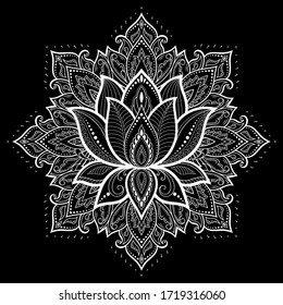 Circular pattern in form of mandala with lotus flower for Henna, Mehndi, tattoo, decoration. Decorative ornament in ethnic oriental style. Outline doodle hand draw vector illustration.