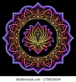 Circular pattern in form of mandala with lotus flower for Henna, Mehndi, tattoo, decoration. Decorative ornament in ethnic oriental style. Rainbow design on black background.