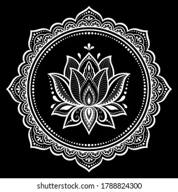 Circular pattern in form of mandala with lotus flower for Henna, Mehndi, tattoo, decoration. Decorative ornament in ethnic oriental style. Outline doodle hand draw vector illustration.