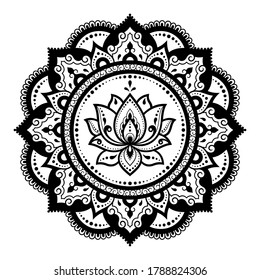 Circular pattern in form of mandala with lotus flower for Henna, Mehndi, tattoo, decoration. Decorative ornament in ethnic oriental style. Outline doodle hand draw vector illustration.