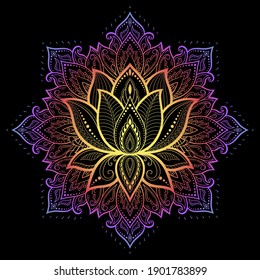 Circular pattern in form of mandala with lotus flower for Henna, Mehndi, tattoo, decoration. Decorative ornament in ethnic oriental style. Rainbow pattern on black background.