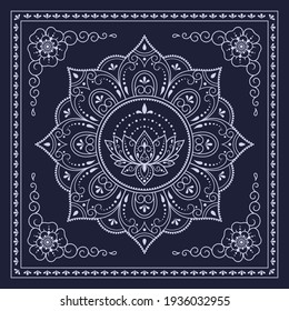 Circular pattern in form of mandala with Lotus flower for Henna, Mehndi, decoration. Blue decorative ornament in ethnic oriental style for a bandana. Outline doodle hand draw vector illustration.