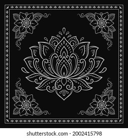 Circular pattern in form of mandala with Lotus flower for Henna, Mehndi, decoration. Black decorative ornament in ethnic oriental style for a bandana. Outline doodle hand draw vector illustration.