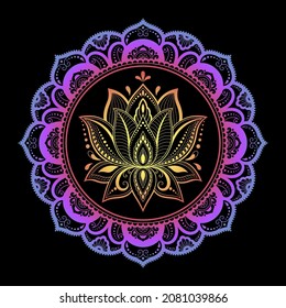 Circular pattern in form of mandala with lotus flower for Henna, Mehndi, tattoo, decoration. Decorative ornament in ethnic oriental style. Rainbow pattern on black background.
