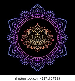 Circular pattern in form of mandala with lotus flower for Henna, Mehndi, tattoo, decoration. Decorative ornament in ethnic oriental style. Rainbow pattern on black background.