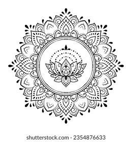 Circular pattern in form of mandala with Lotus flower for Henna, Mehndi, tattoo, decoration. Decorative ornament in ethnic oriental style. Outline doodle hand draw vector illustration.