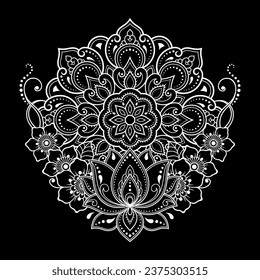 Circular pattern in form of mandala with Lotus flower for Henna, Mehndi, tattoo, decoration. Decorative ornament in ethnic oriental style. Outline doodle hand draw vector illustration.