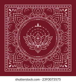 Patrón circular en forma de mandala con flor Lotus para Henna, Mehndi, decoración. Un adorno decorativo rojo de estilo étnico oriental para una bandana. Dibujar ilustración vectorial con la mano del garabato de contorno.