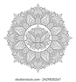 Circular pattern in form of mandala with Lotus flower for Henna, Mehndi, tattoo, decoration. Decorative ornament in ethnic oriental style. Outline doodle hand draw vector illustration.