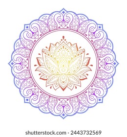 Circular pattern in form of mandala with lotus flower for Henna, Mehndi, tattoo, decoration. Decorative ornament in ethnic oriental style. Rainbow pattern on white background.