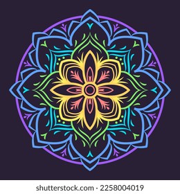 Circular pattern in form of mandala in rainbow colors on a dark background. Decorative ornament in ethnic oriental style. Vector illustration.