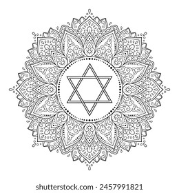 Circular pattern in form of mandala with the Star of David for Henna, Mehndi, tattoo, decoration. Decorative ornament in ethnic oriental style. Outline doodle hand draw vector illustration.