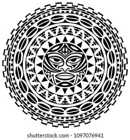 Circular pattern in form of mandala with Thunder-like Tiki is symbol-mask of God. Traditional ornaments of Maori people - Moko style. Vintage decorative tribal border from elements of African theme.