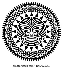 Circular pattern in form of mandala with Thunder-like Tiki is symbol-mask of God. Traditional ornaments of Maori people - Moko style. Vintage decorative tribal border from elements of African theme.