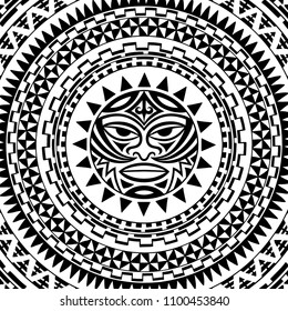 Circular pattern in form of mandala with Thunder-like Tiki is symbol-mask of God. Traditional ornaments of Maori people - Moko style. Vintage decorative tribal border from elements of African theme.