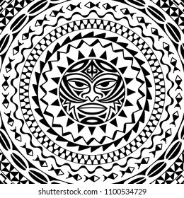 Circular Pattern In Form Of Mandala With Thunder-like Tiki Is Symbol-mask Of God. Traditional Ornaments Of Maori People - Moko Style. Vintage Decorative Tribal Border From Elements Of African Theme.