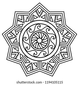 Circular pattern in form of mandala. Traditional ornaments of Maori people for tattoo - Moko style. Vintage decorative tribal border from elements of African theme.
