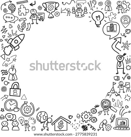 A circular pattern frame of startup innovation icons with central copy space featuring rocket and growth elements.