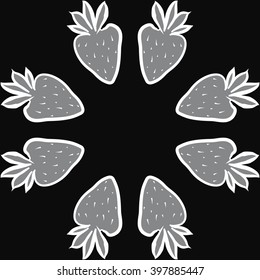 Circular  pattern of fruit motif,strawberry,leaves, object, spots, copy space. Hand drawn.