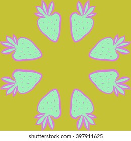 Circular  pattern of fruit motif,strawberry,leaves, object, spots, copy space. Hand drawn.