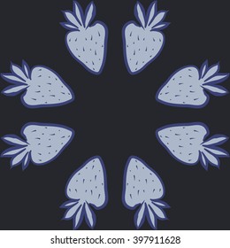 Circular  pattern of fruit motif,strawberry,leaves, object, spots, copy space. Hand drawn.