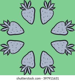 Circular  pattern of fruit motif,strawberry,leaves, object, spots, copy space. Hand drawn.