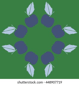 Circular pattern of fruits, doodles,  object, apples, leaves, copy space. Hand drawn.