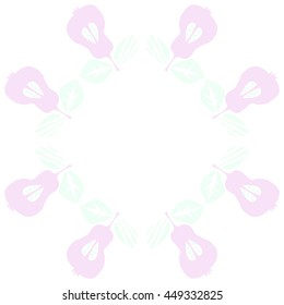 Circular pattern of fruits, doodles,  object, pears, leaves, grains, hole, copy space. Hand drawn.