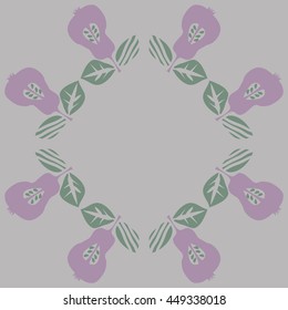 Circular pattern of fruits, doodles,  object, pears, leaves, grains, hole, copy space. Hand drawn.