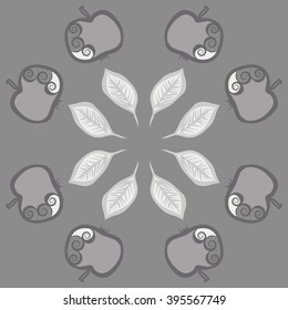 Circular pattern of fruits motif, apples, leaves, spirals, hole, spots . Hand drawn.