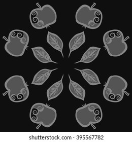 Circular pattern of fruits motif, apples, leaves, spirals, hole, spots . Hand drawn.