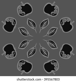 Circular pattern of fruits motif, apples, leaves, spirals, hole, spots . Hand drawn.