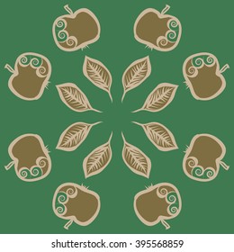 Circular pattern of fruits motif, apples, leaves, spirals, hole, spots . Hand drawn.