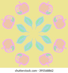 Circular pattern of fruits motif, apples, leaves, spirals, hole, spots . Hand drawn.