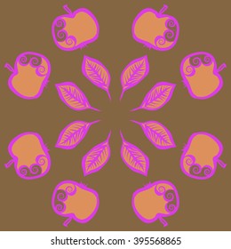 Circular pattern of fruits motif, apples, leaves, spirals, hole, spots . Hand drawn.
