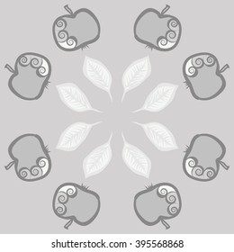Circular pattern of fruits motif, apples, leaves, spirals, hole, spots . Hand drawn.