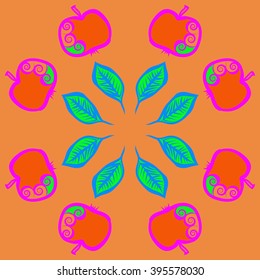 Circular pattern of fruits motif, apples, leaves, spirals, hole, spots . Hand drawn.