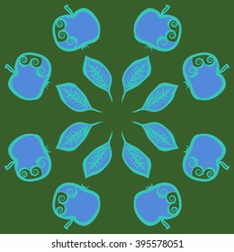 Circular pattern of fruits motif, apples, leaves, spirals, hole, spots . Hand drawn.