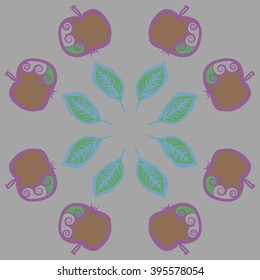 Circular pattern of fruits motif, apples, leaves, spirals, hole, spots . Hand drawn.