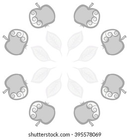 Circular pattern of fruits motif, apples, leaves, spirals, hole, spots . Hand drawn.