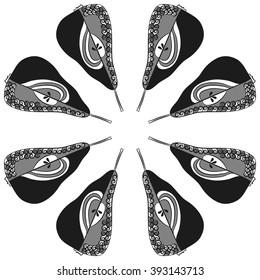 Circular pattern  of fruits motif, pears, doodles, hole, spots,spirals. Hand drawn.