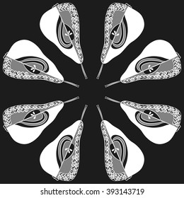 Circular pattern  of fruits motif, pears, doodles, hole, spots,spirals. Hand drawn.