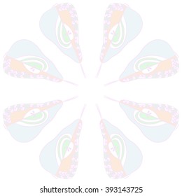 Circular pattern  of fruits motif, pears, doodles, hole, spots,spirals. Hand drawn.