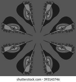 Circular pattern  of fruits motif, pears, doodles, hole, spots,spirals. Hand drawn.