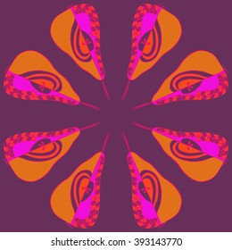 Circular pattern  of fruits motif, pears, doodles, hole, spots,spirals. Hand drawn.