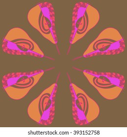 Circular pattern  of fruits motif, pears, doodles, hole, spots,spirals. Hand drawn.