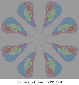 Circular pattern  of fruits motif, pears, doodles, hole, spots,spirals. Hand drawn.